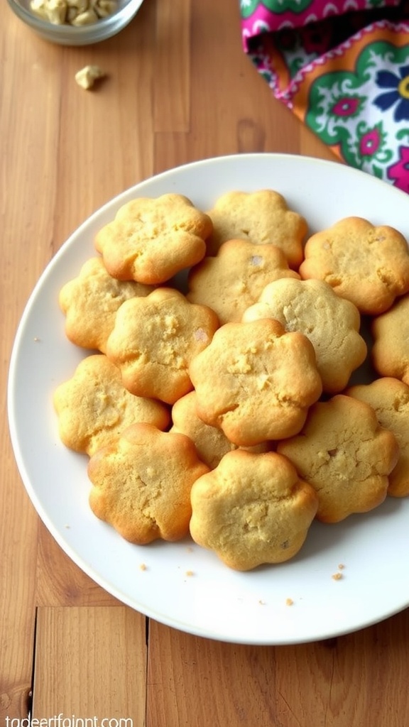 Freshly baked zero-calorie cookies on a white plate with a rustic wooden background.